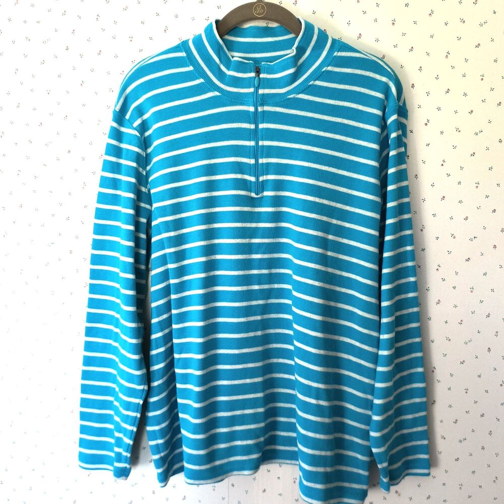 LL Bean Top Womens 2X Aqua White Striped French Sailor 1/4 Zip Rugby Coastal